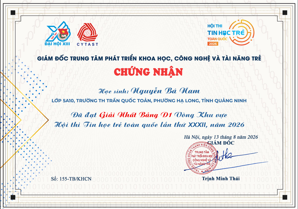 Chứng nhận Giải Nhất Tin Học Trẻ - Nguyễn Bá Nam